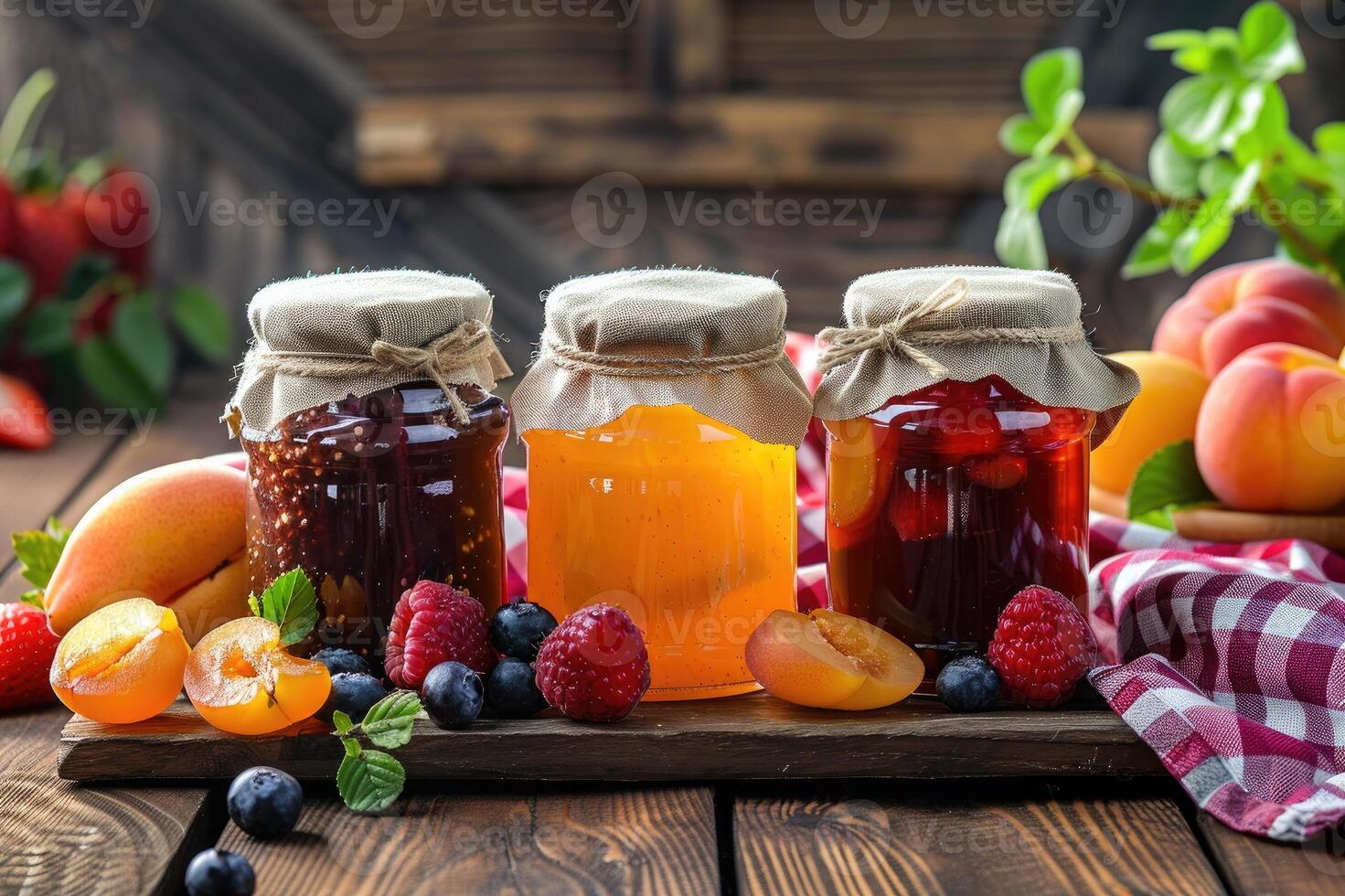 Homemade jams in jars with fruits photo