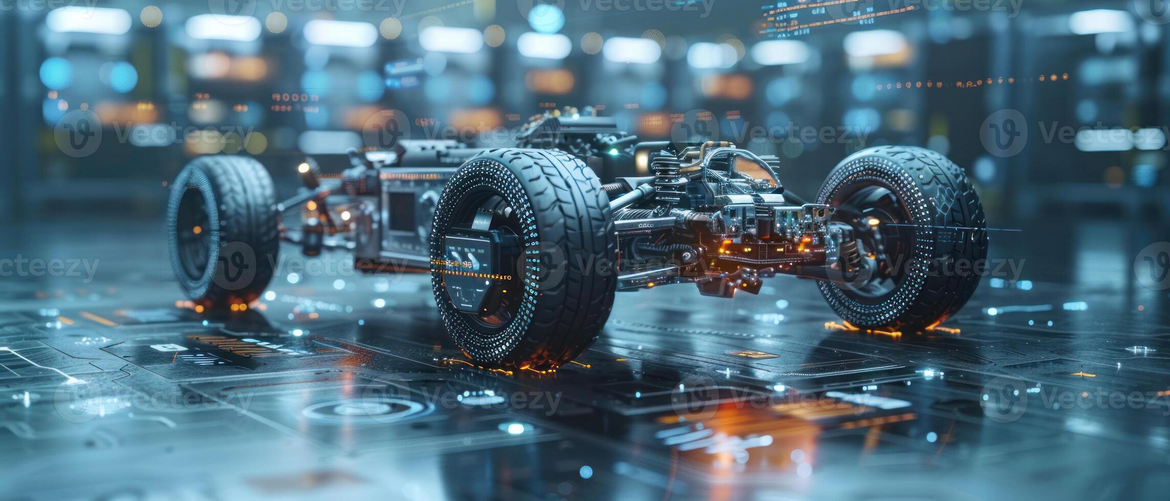A futuristic race car chassis with glowing details sits in a digital workshop photo