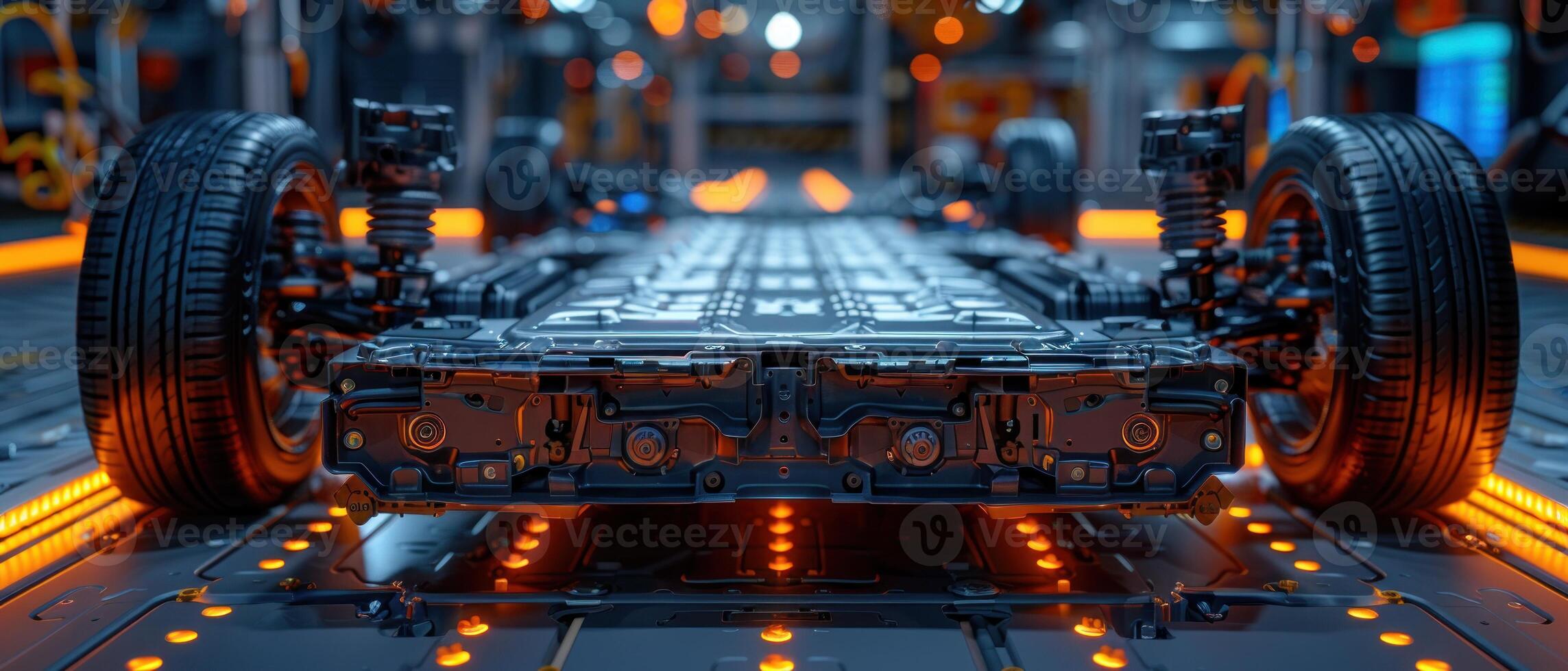 An electric vehicle chassis with its battery pack exposed, showcasing the intricate components and technology photo