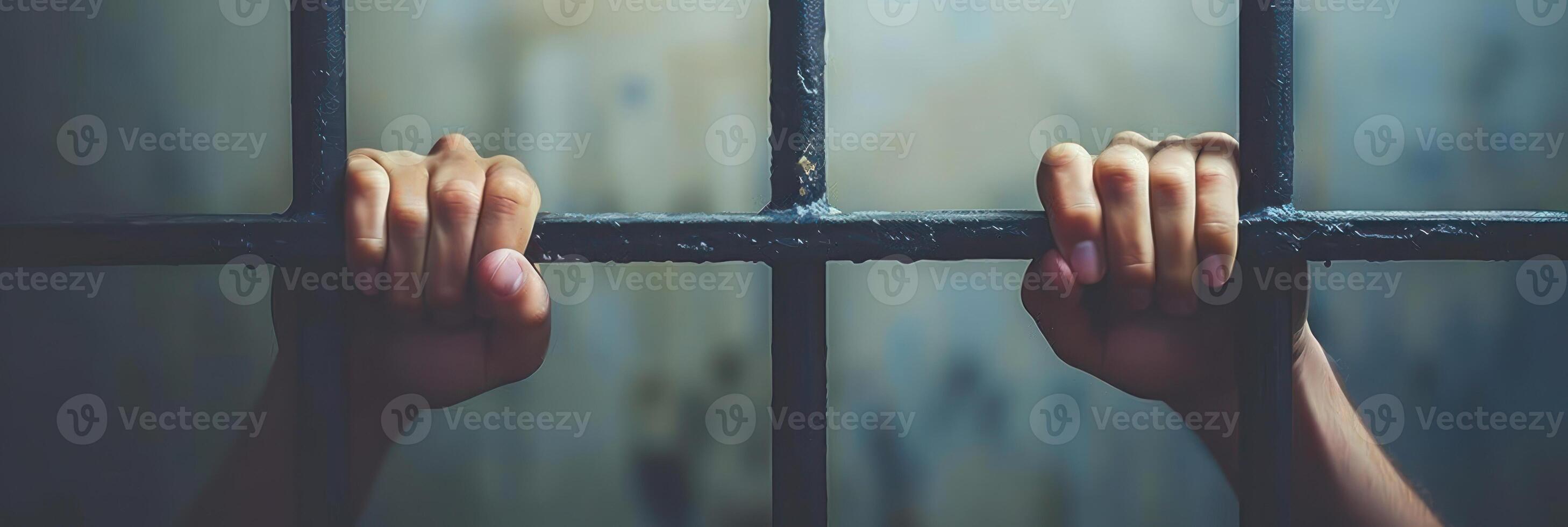 A hand grasps the bars of a window, looking outward, with a blurry background of a dark room photo