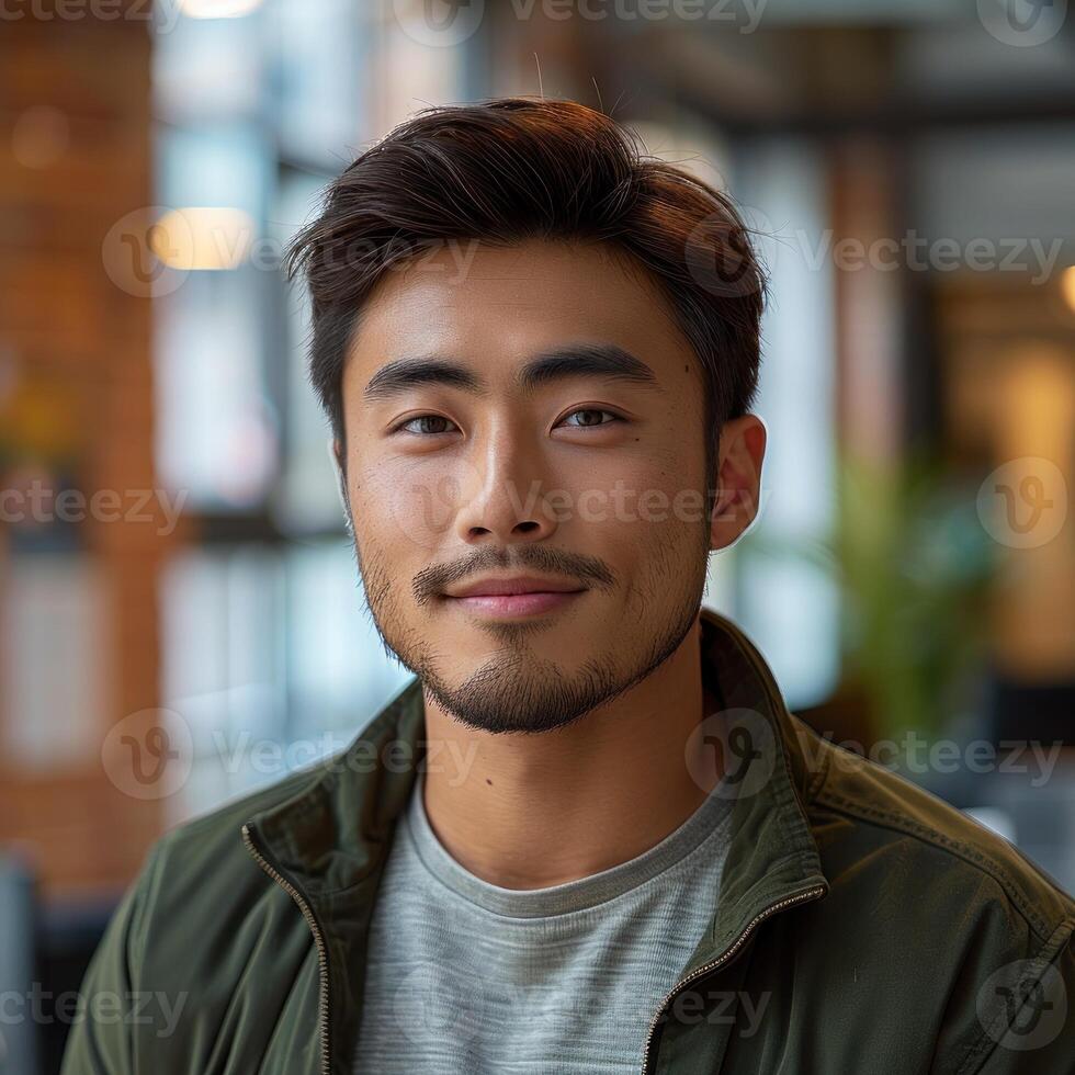 A young man with a friendly expression looks directly at the camera, wearing a green jacket over a grey t-shirt photo