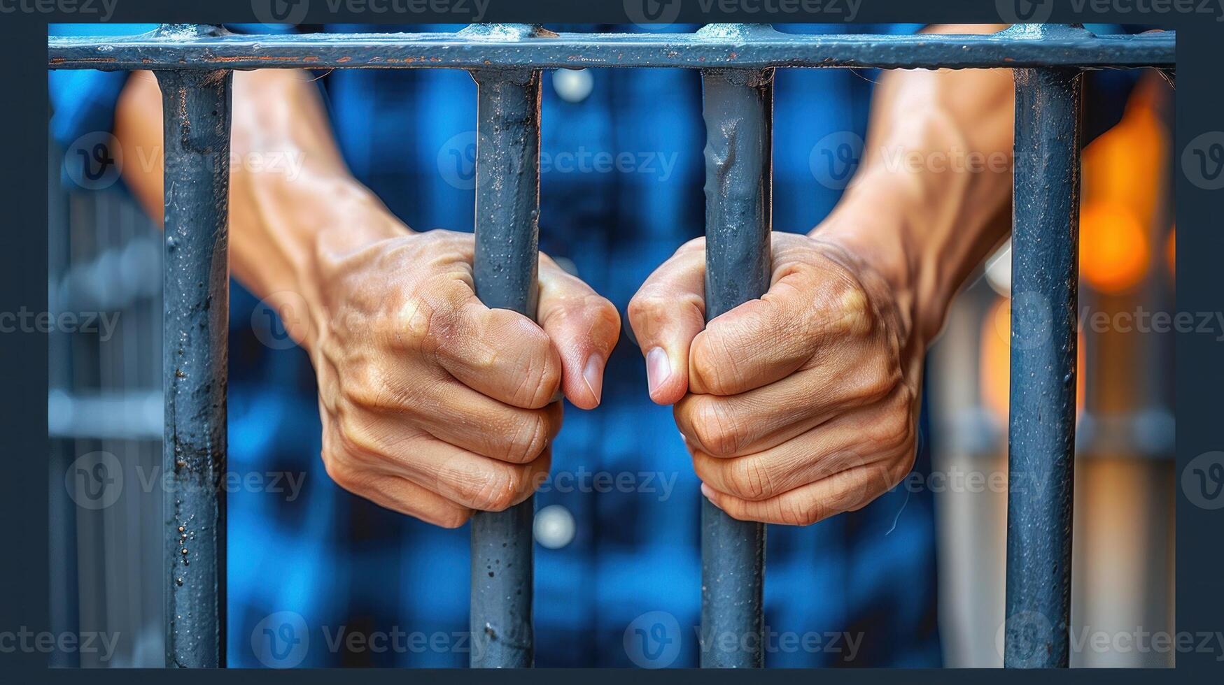 A close-up image of a mans hands gripping the bars of a prison cell, conveying a sense of confinement and longing for freedom photo
