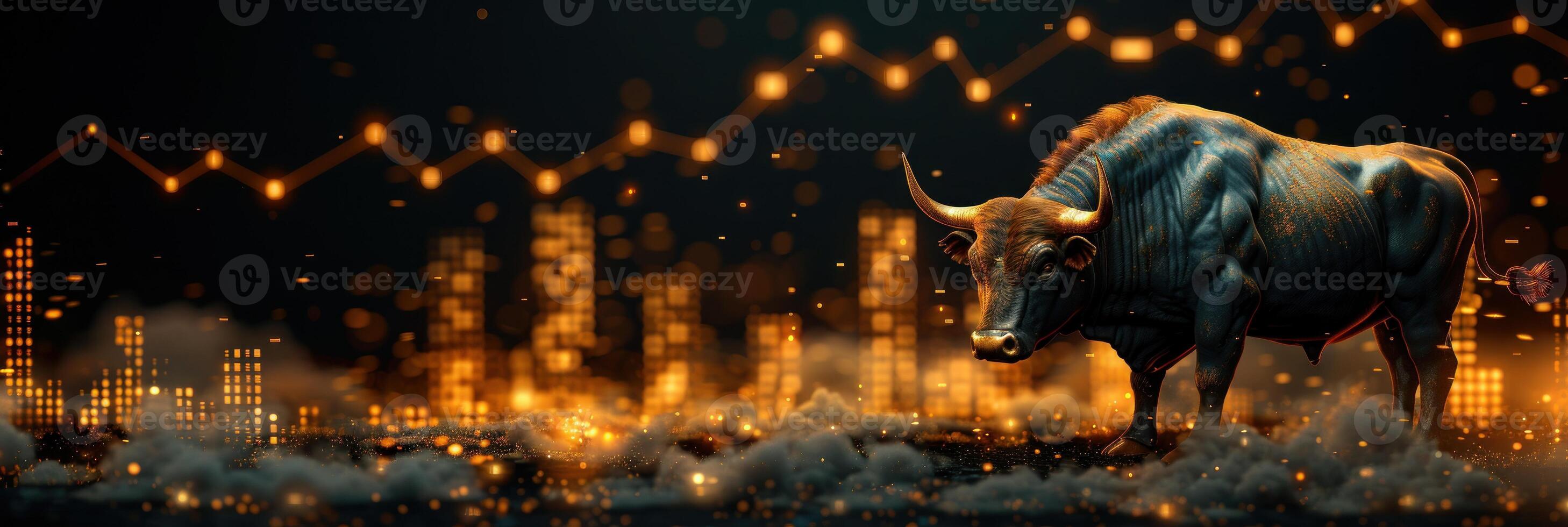 A black bull stands majestically in front of a glowing city skyline, signifying a powerful and rising market photo