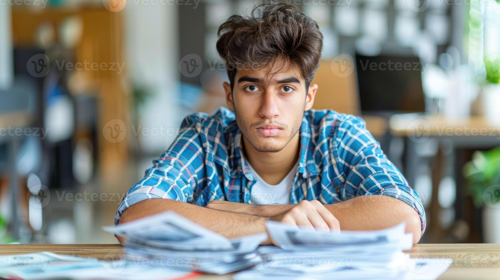 A young man in a plaid shirt sits at a table with a stack of papers in front of him, looking worried photo