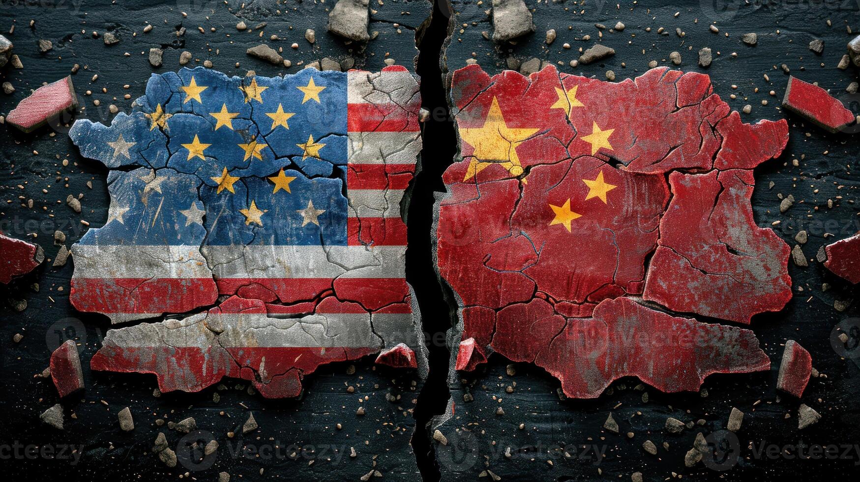 A cracked wall separates the American and Chinese flags, symbolizing a fractured relationship photo