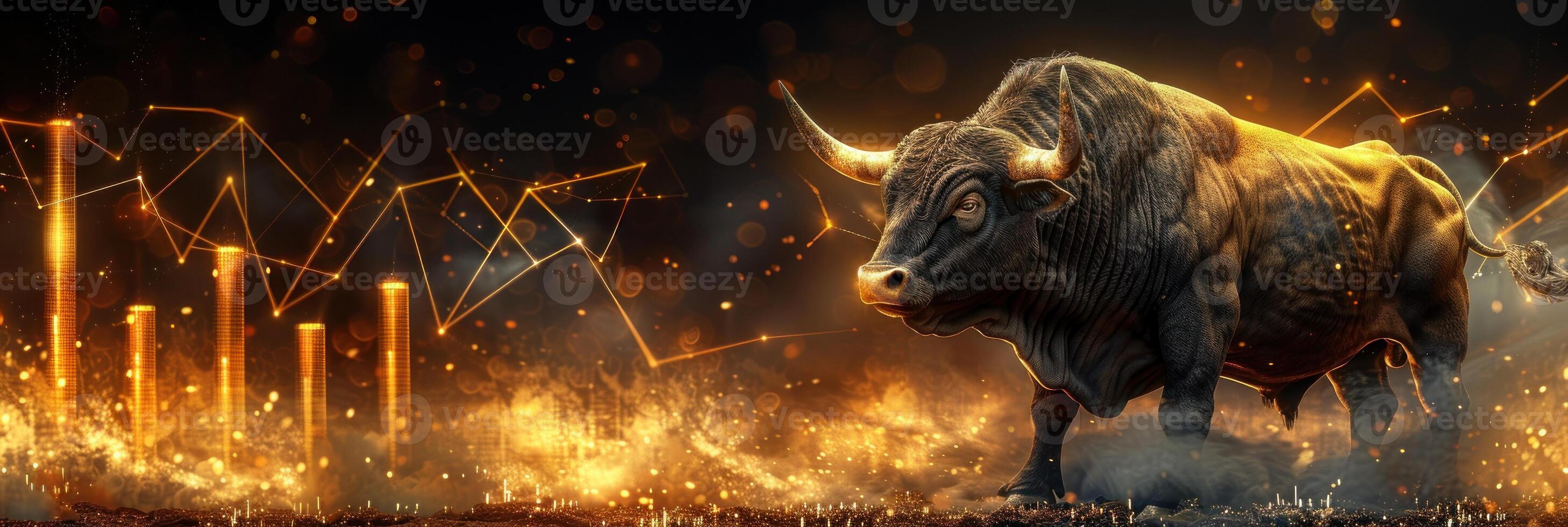 A powerful bull charges forward, symbolizing market growth, amidst a fiery backdrop of financial charts and data photo
