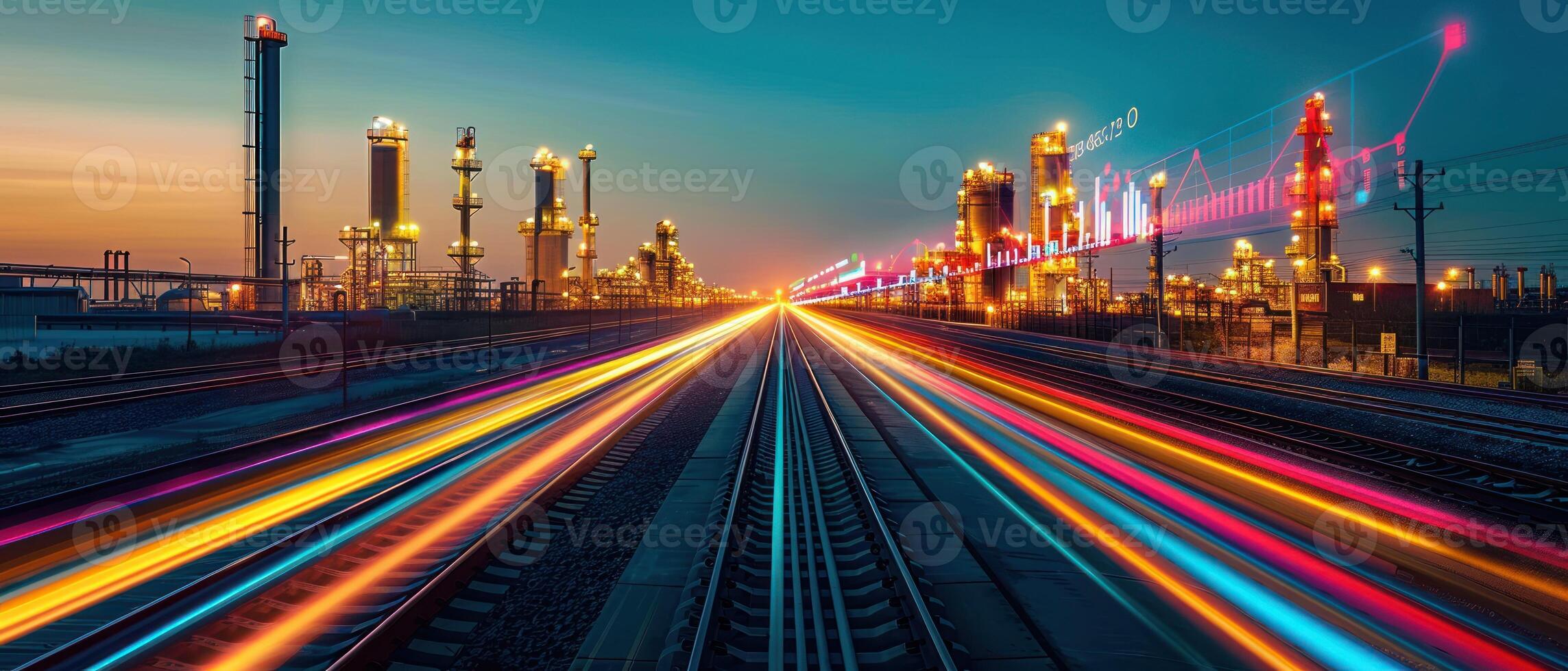 A nighttime view of a factory complex with train tracks in the foreground. The tracks are illuminated with colorful light trails from passing trains photo