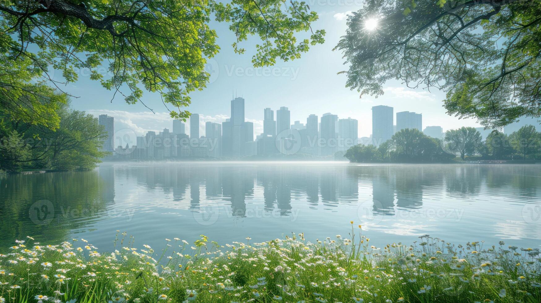 A cityscape is visible in the distance across a calm lake, framed by lush greenery and a soft morning mist photo