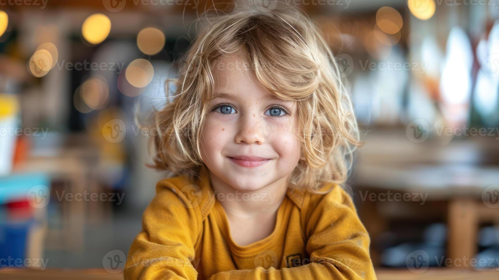 A portrait of a young child with blonde curls smiling brightly in a cafe photo