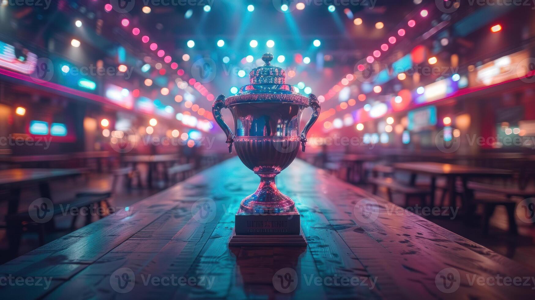 A silver trophy sits on a wooden table in a bustling night market, illuminated by vibrant neon lights photo