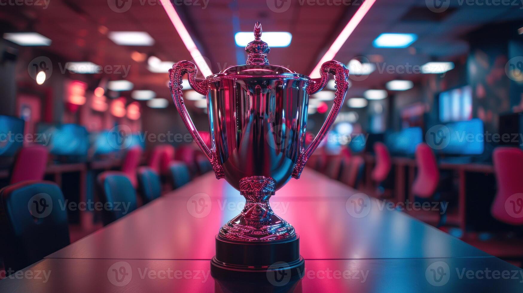A silver trophy sits on a table in an e-sports arena, bathed in neon light photo
