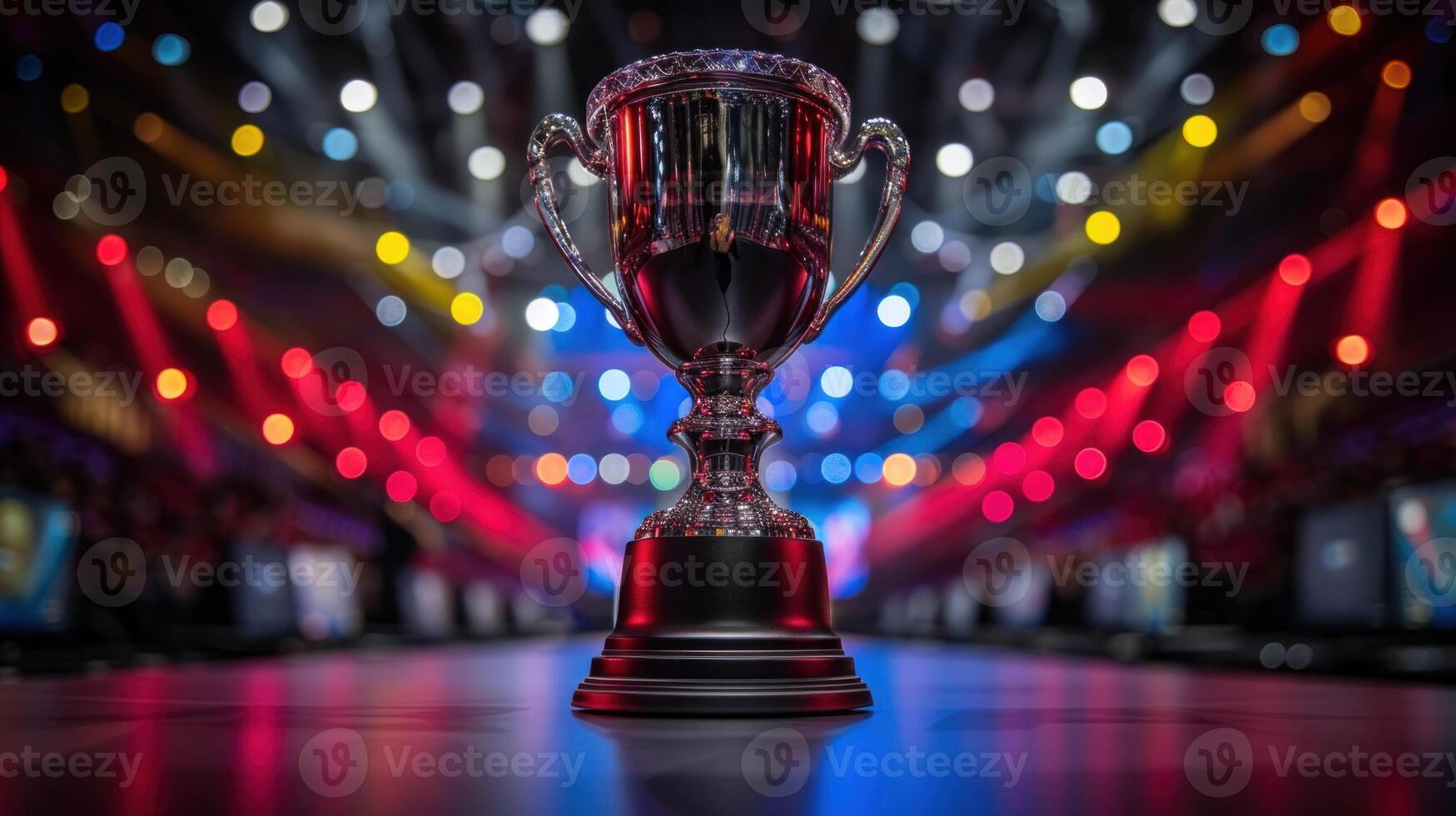 A silver trophy sits on a polished surface in the middle of an arena, illuminated by red and blue lights photo