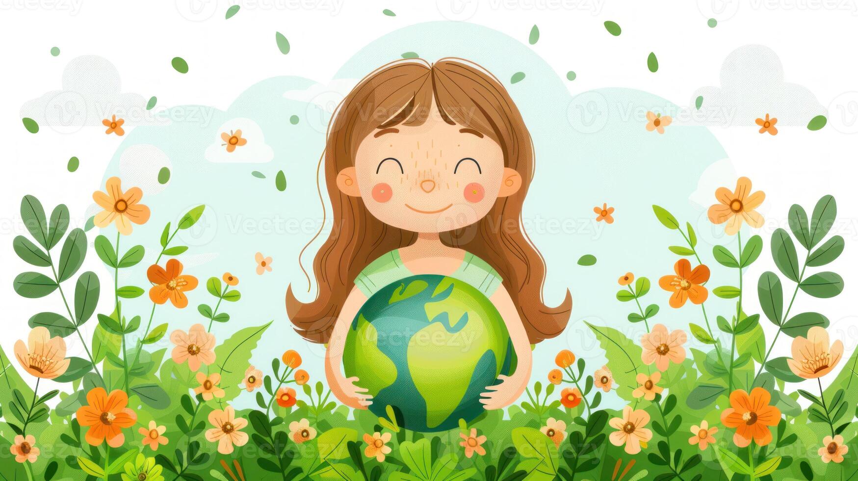A smiling girl holds a green globe in her arms surrounded by blooming flowers and greenery photo