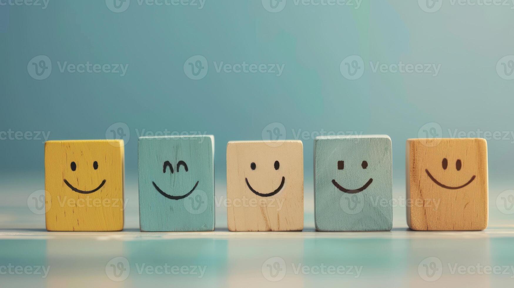 Five wooden blocks, each with a different happy face, lined up in a row against a light blue background photo