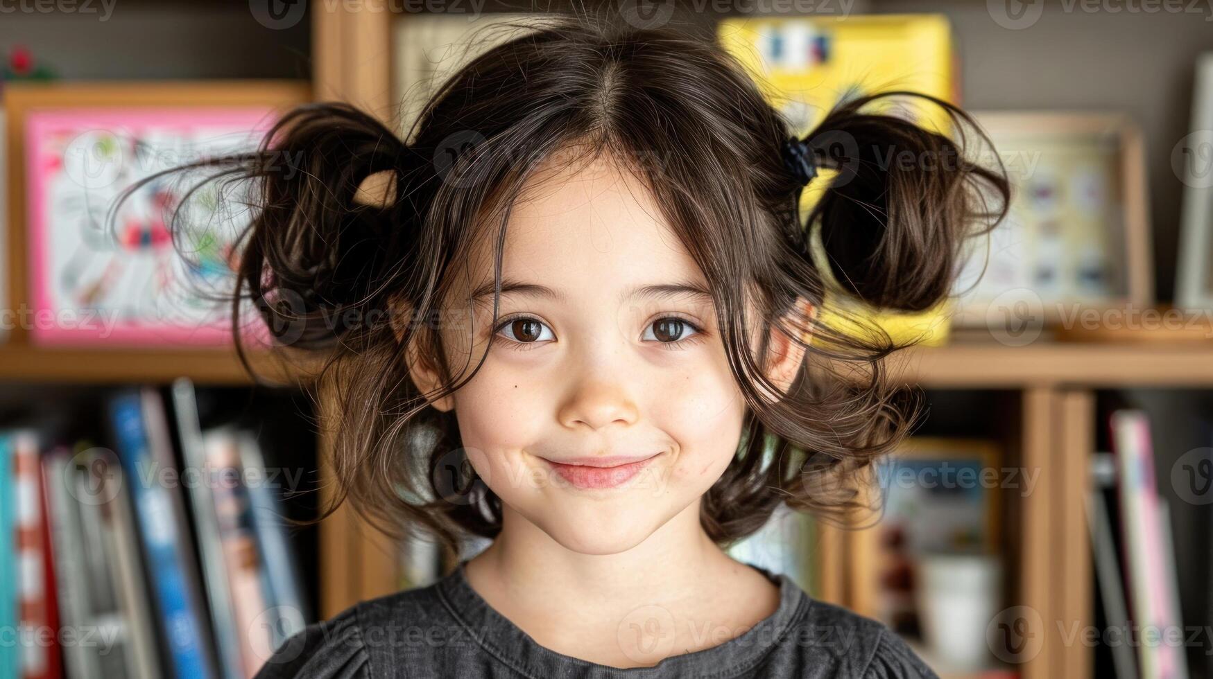 A young girl with dark hair and pigtails smiles brightly while standing in front of a bookshelf photo