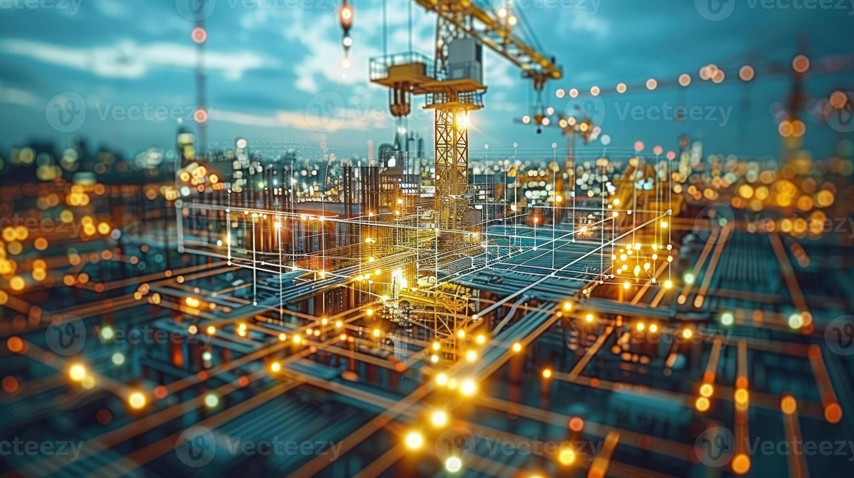 Digital cityscape under construction at night, with glowing grid patterns and cranes photo