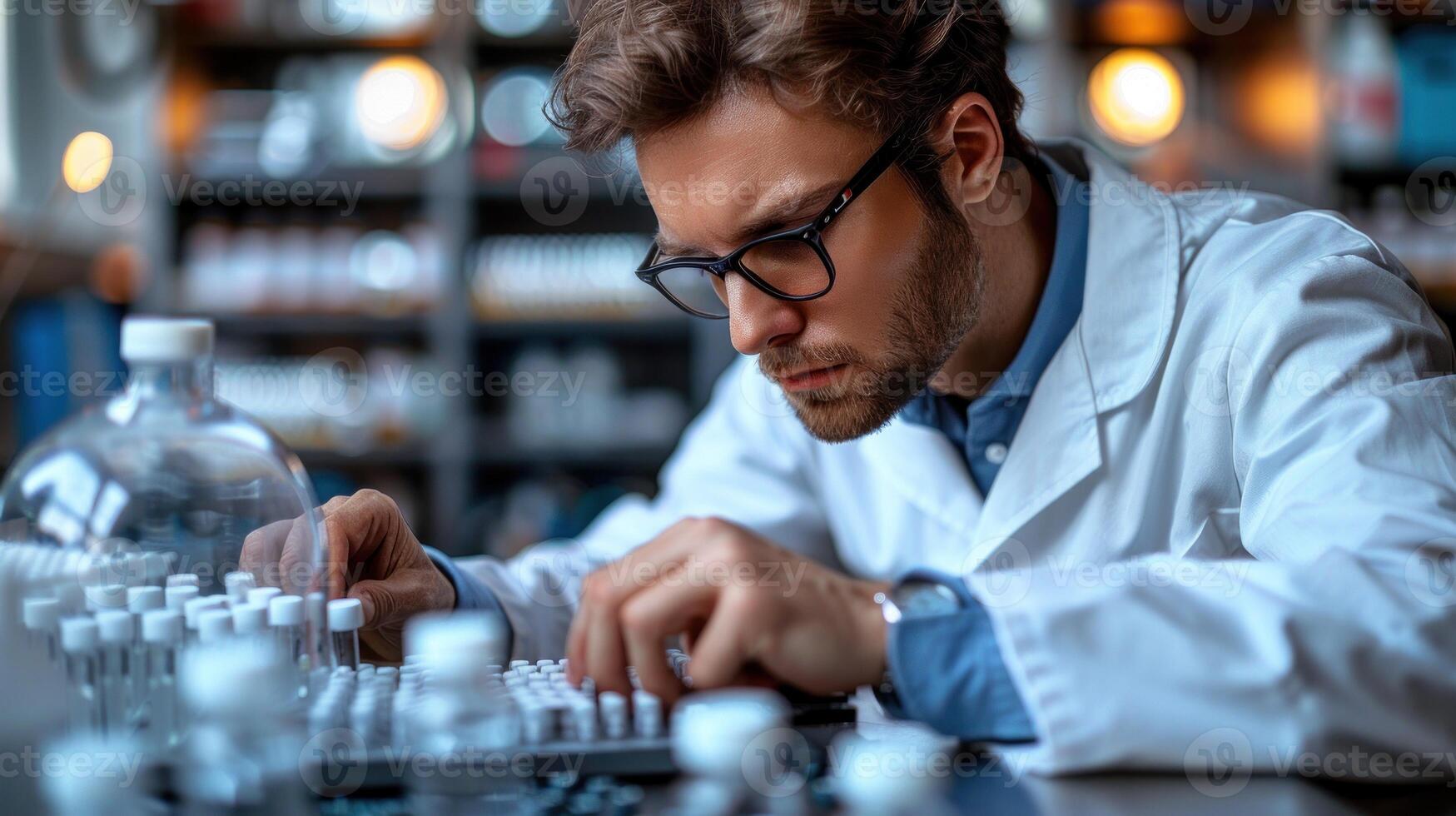 A scientist meticulously examines a series of test tubes in a laboratory setting photo