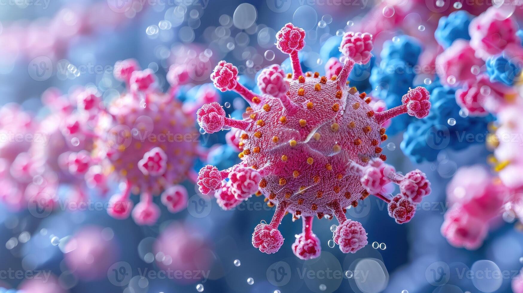A close-up of pink and blue viruses, floating in a fluid medium photo