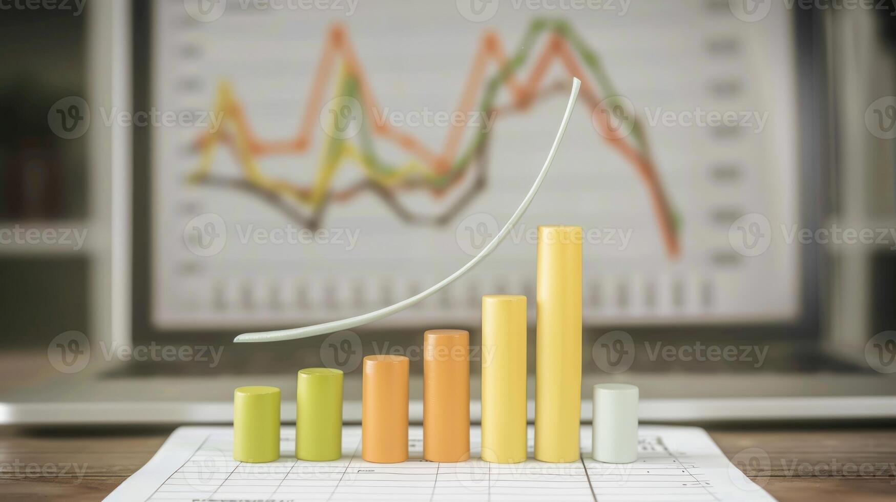 A bar graph with ascending bars in various colors sits on a desk with a line chart in the background photo