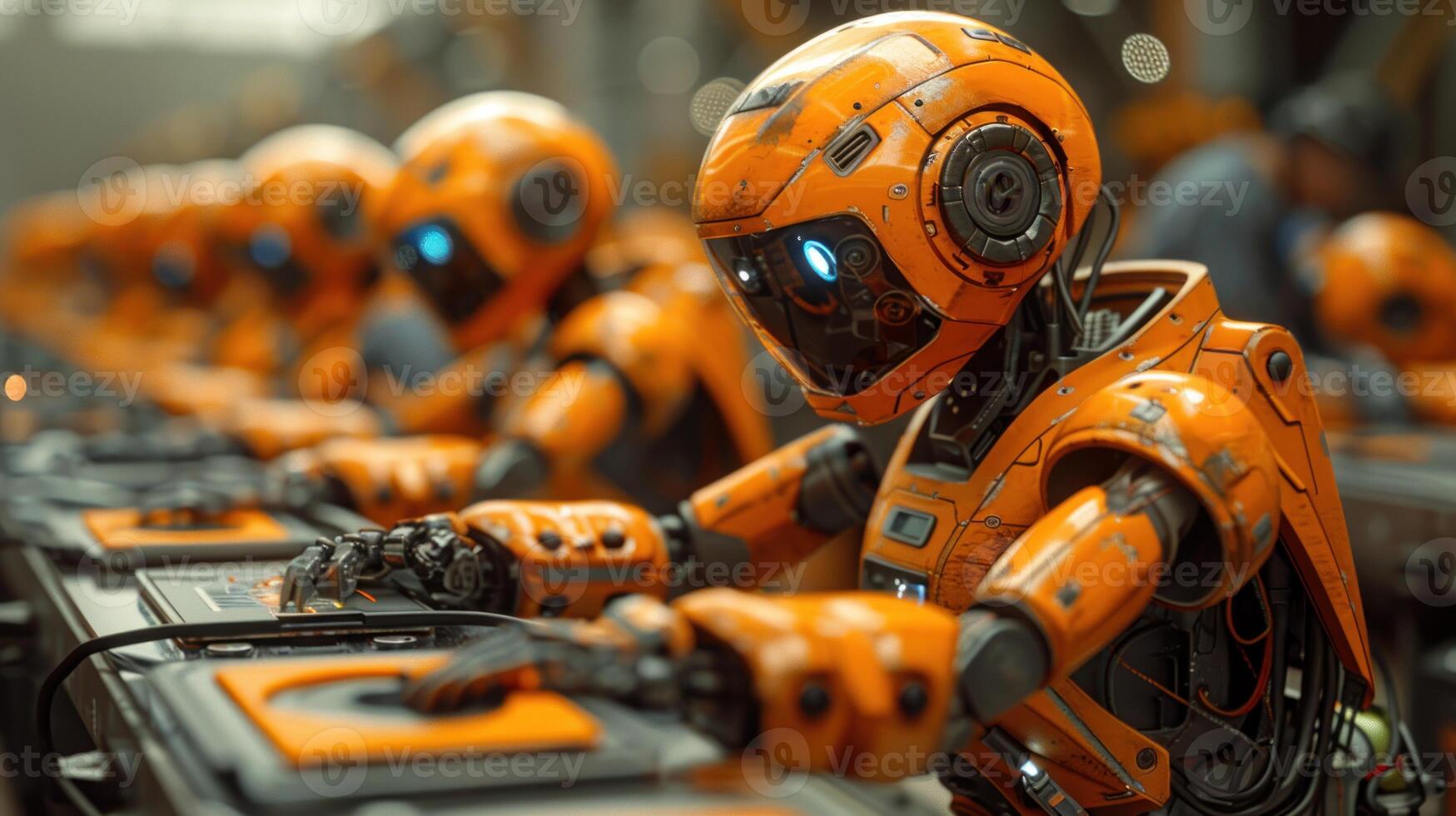 A line of orange robots work on an assembly line in a factory setting photo