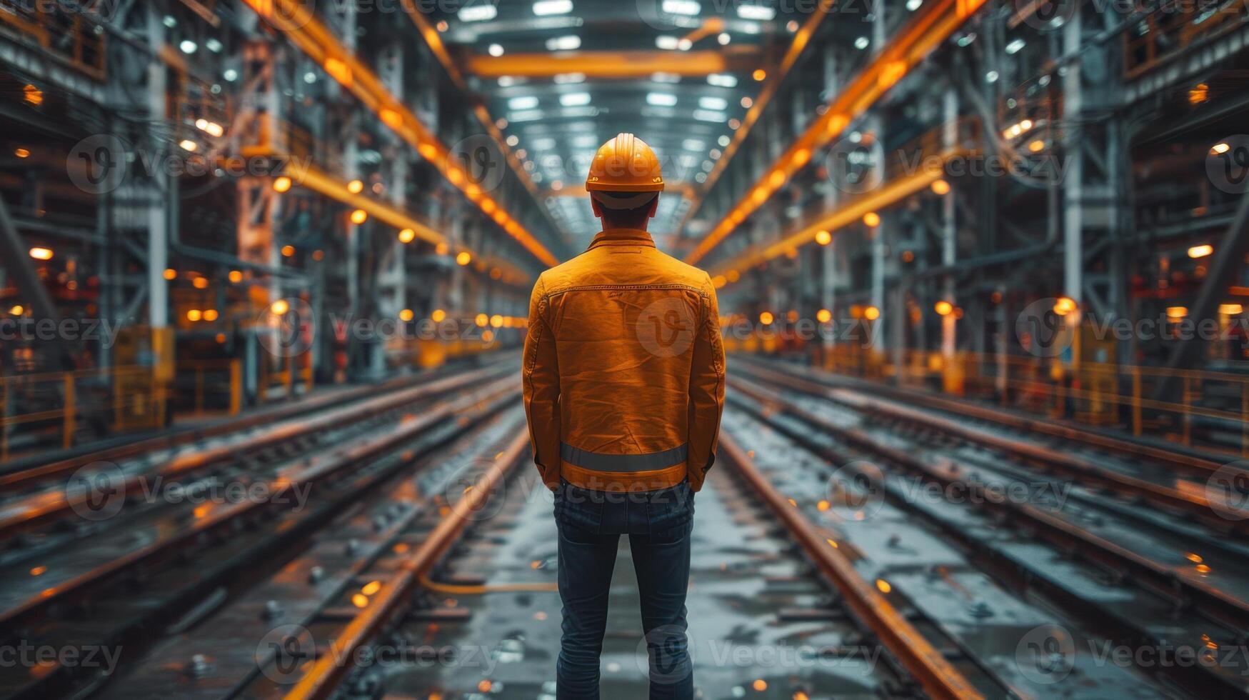 A lone worker in a yellow jacket and hard hat stands on train tracks in a modern industrial setting photo