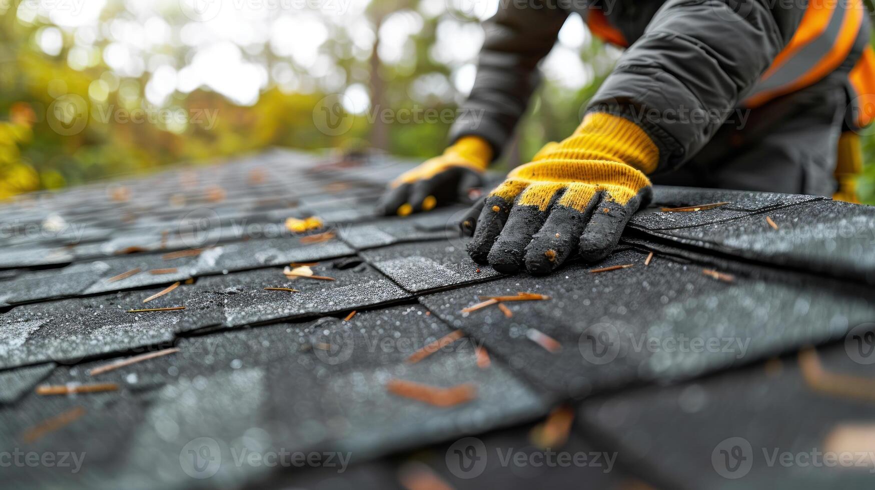 A close-up of a roofers gloved hands placing asphalt shingles on a roof photo