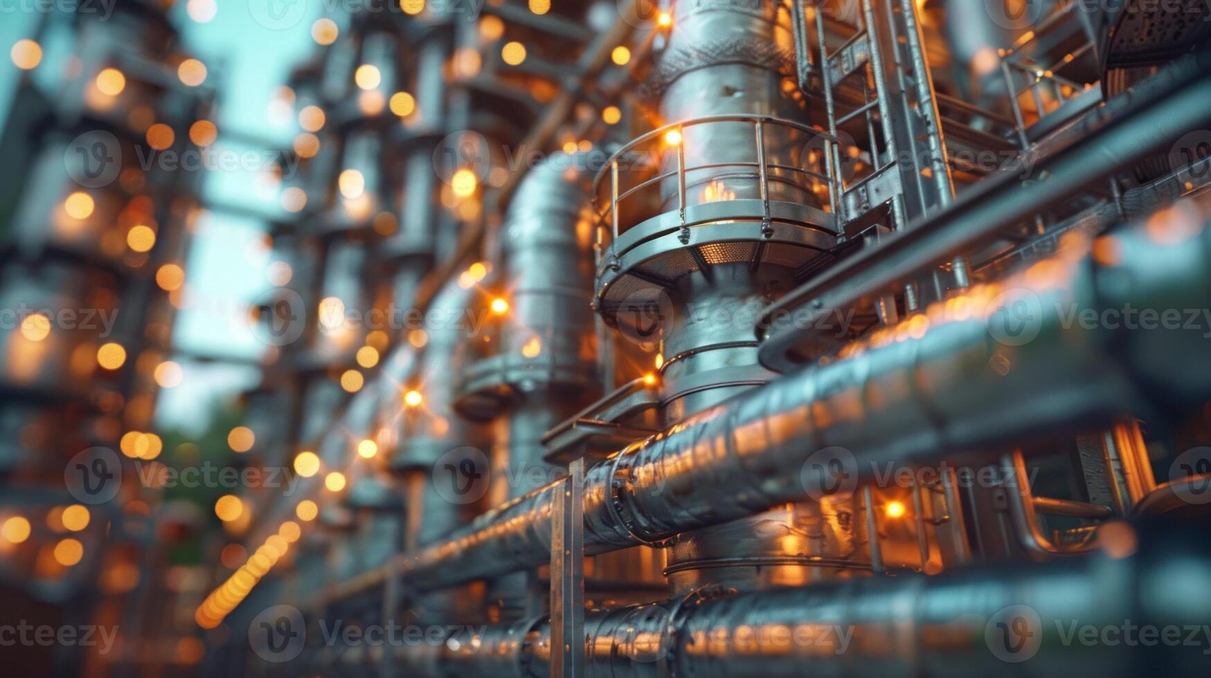 A close-up view of a metal pipeline with glowing lights, showcasing the intricate details of industrial machinery photo