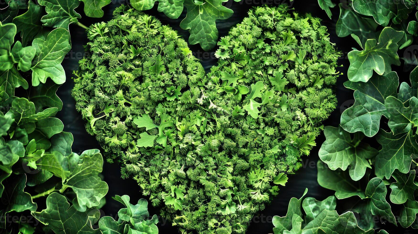 A heart shape made with fresh parsley and leafy greens on a dark background photo