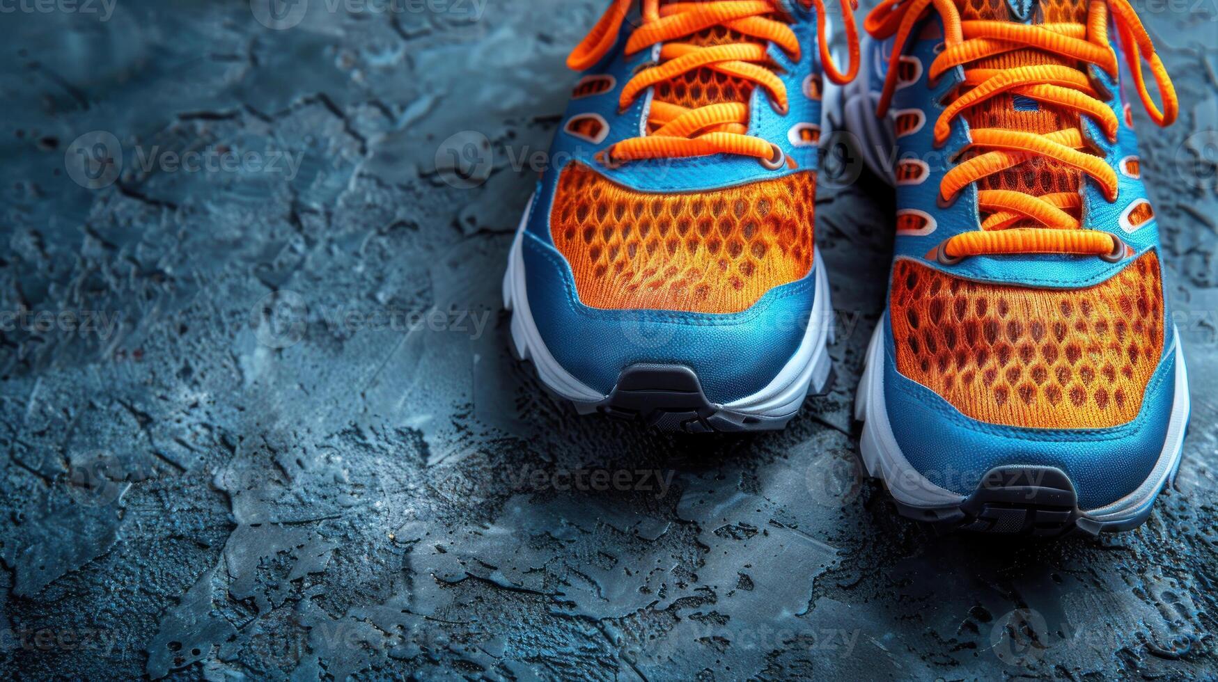 A close-up shot of a pair of blue and orange running shoes, laces tied, ready for a morning run photo