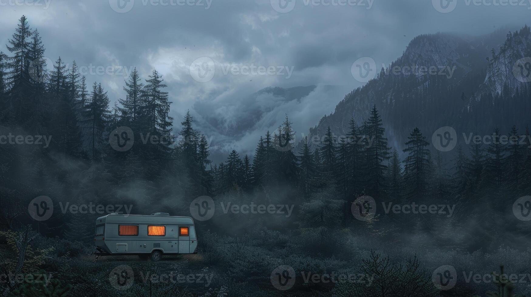 A caravan parked in a tranquil forest setting with misty mountains in the background during twilight photo