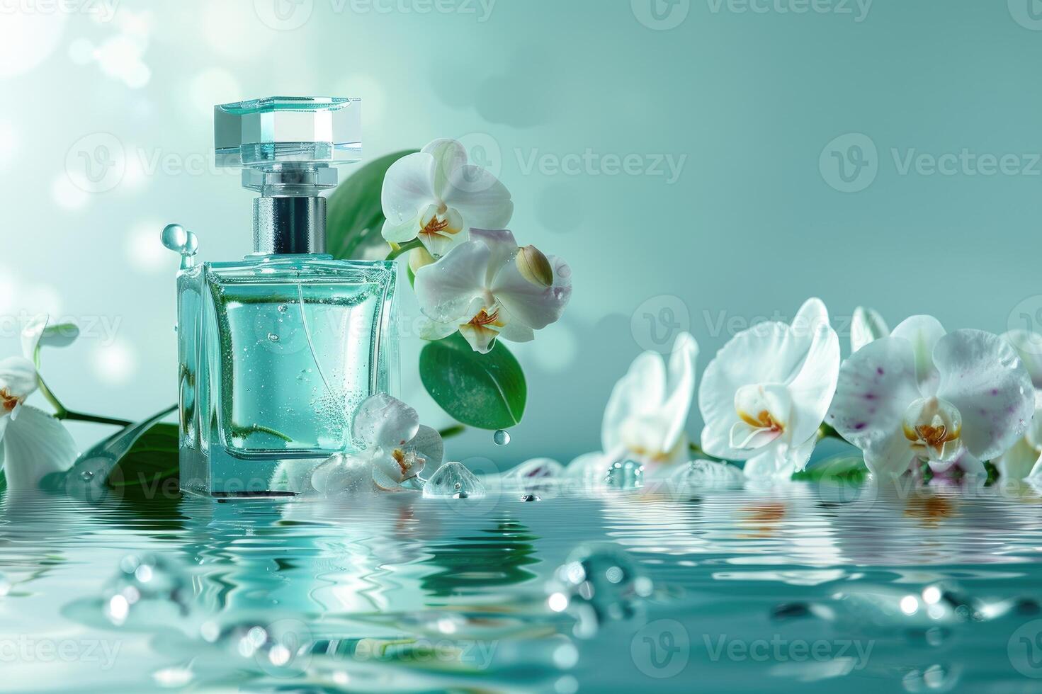 Perfume bottle among white orchids and reflected on a water surface photo