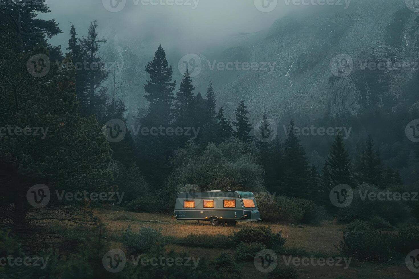 A caravan parked in a tranquil forest setting with misty mountains in the background during twilight photo