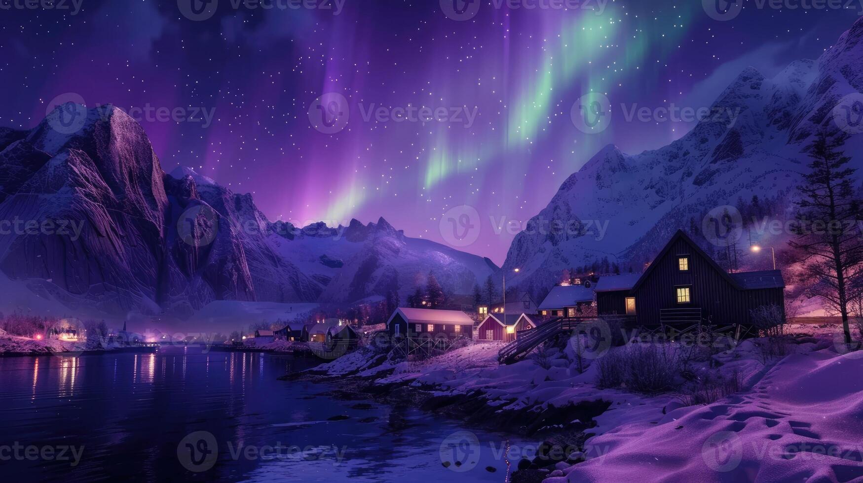 Stunning depicting the aurora borealis display over a serene mountain lake at night photo