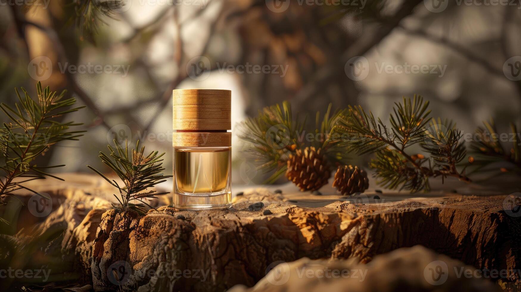 A perfume bottle with a wooden cap rests on a tree stump, surrounded by pine branches photo