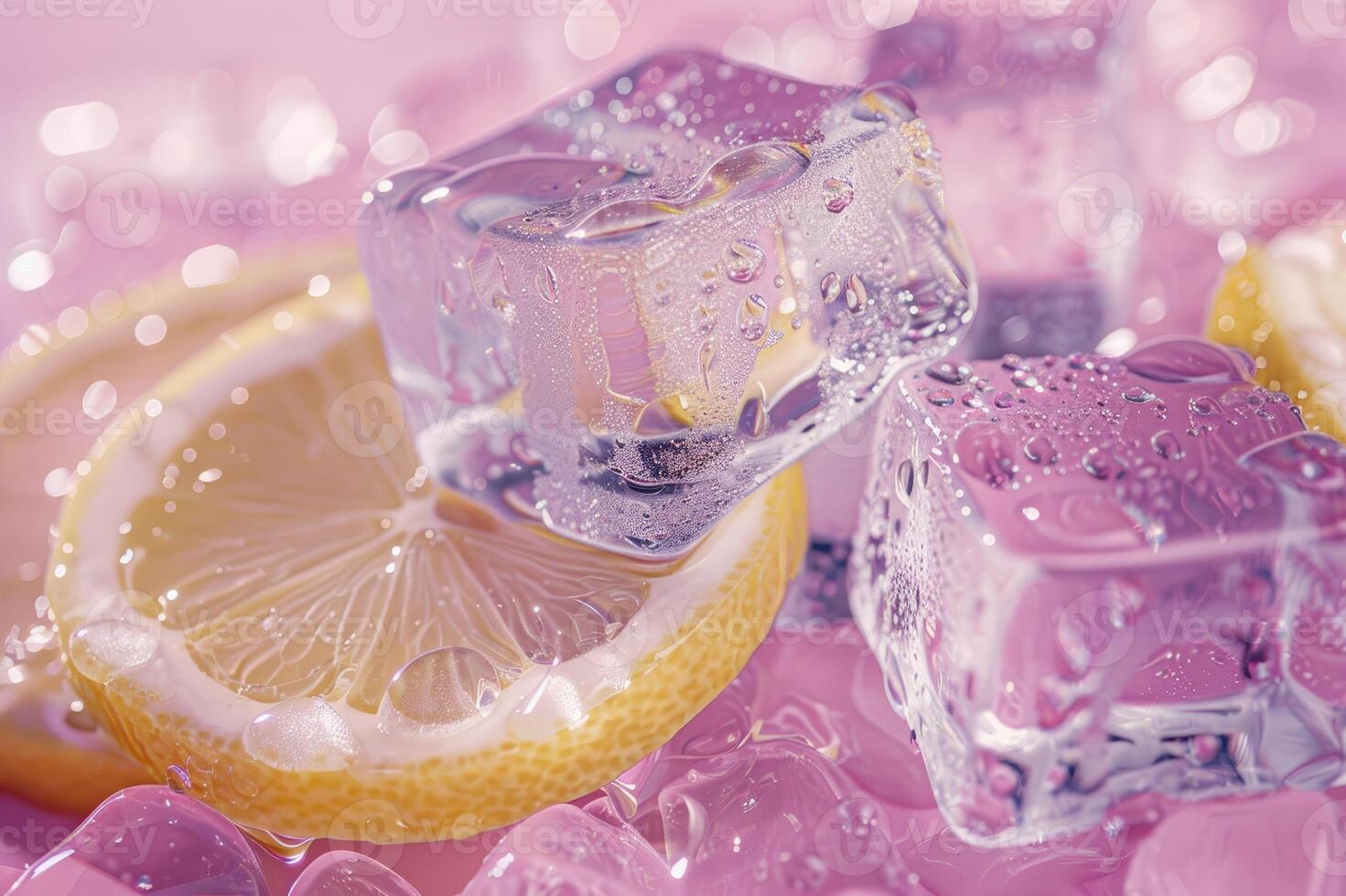 Lemon and ice cubes on a pink surface photo