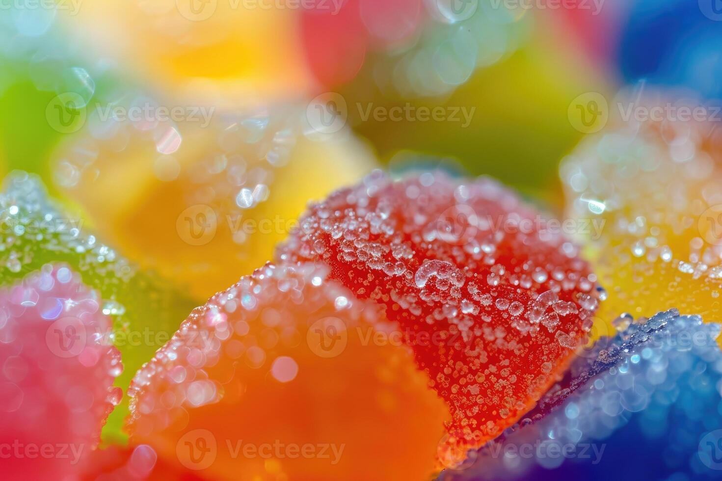 Assorted sugar-coated Gummy candies, highlighting their texture and bright colors photo