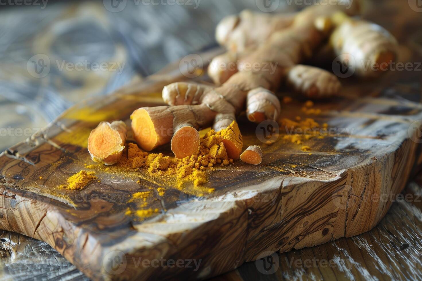 Ground turmeric on wooden board with roots photo