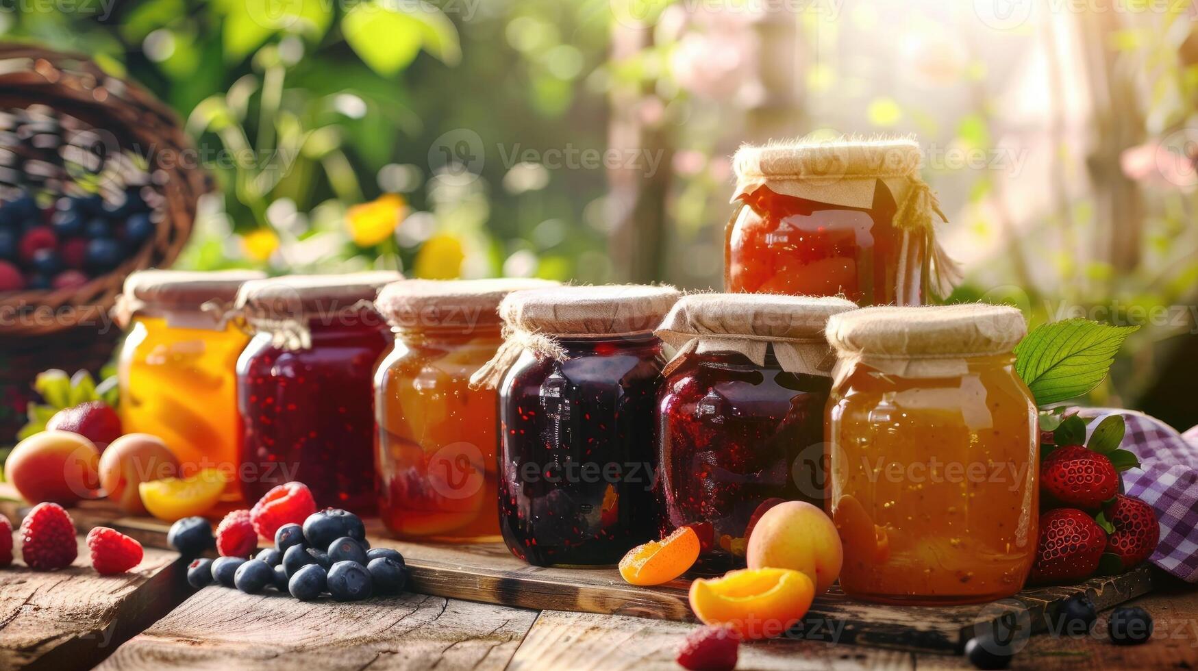 Homemade jams in jars with fruits photo