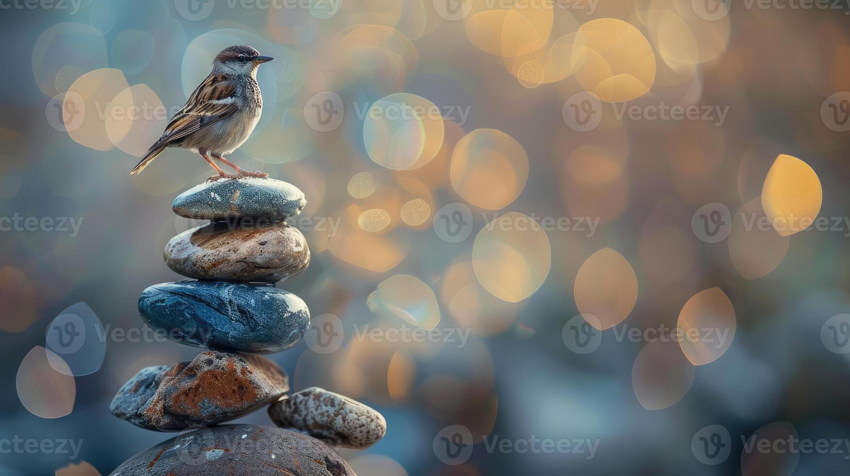 A small bird perches atop a balanced stack of smooth stones photo