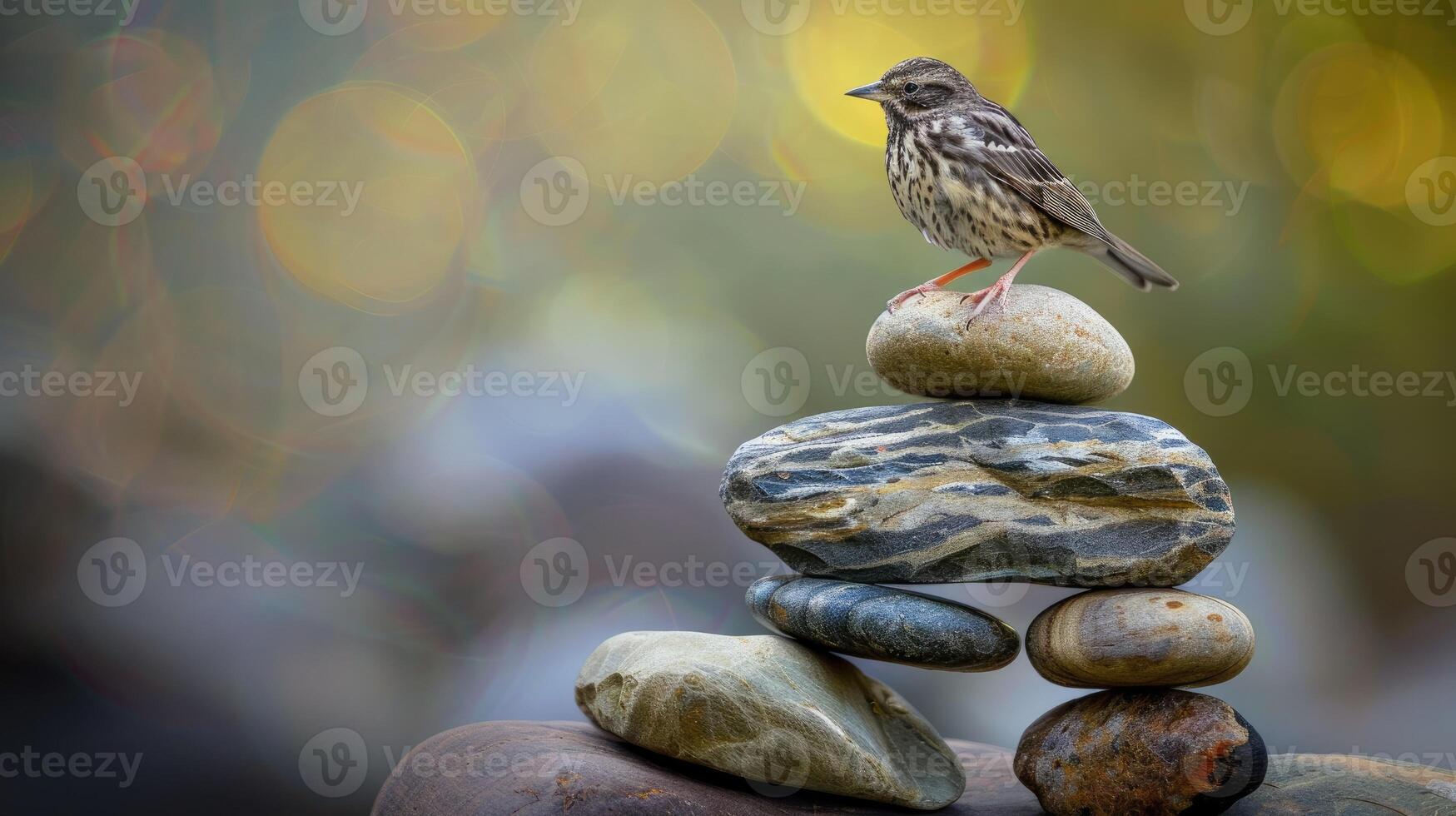 A small bird perches atop a balanced stack of smooth stones photo
