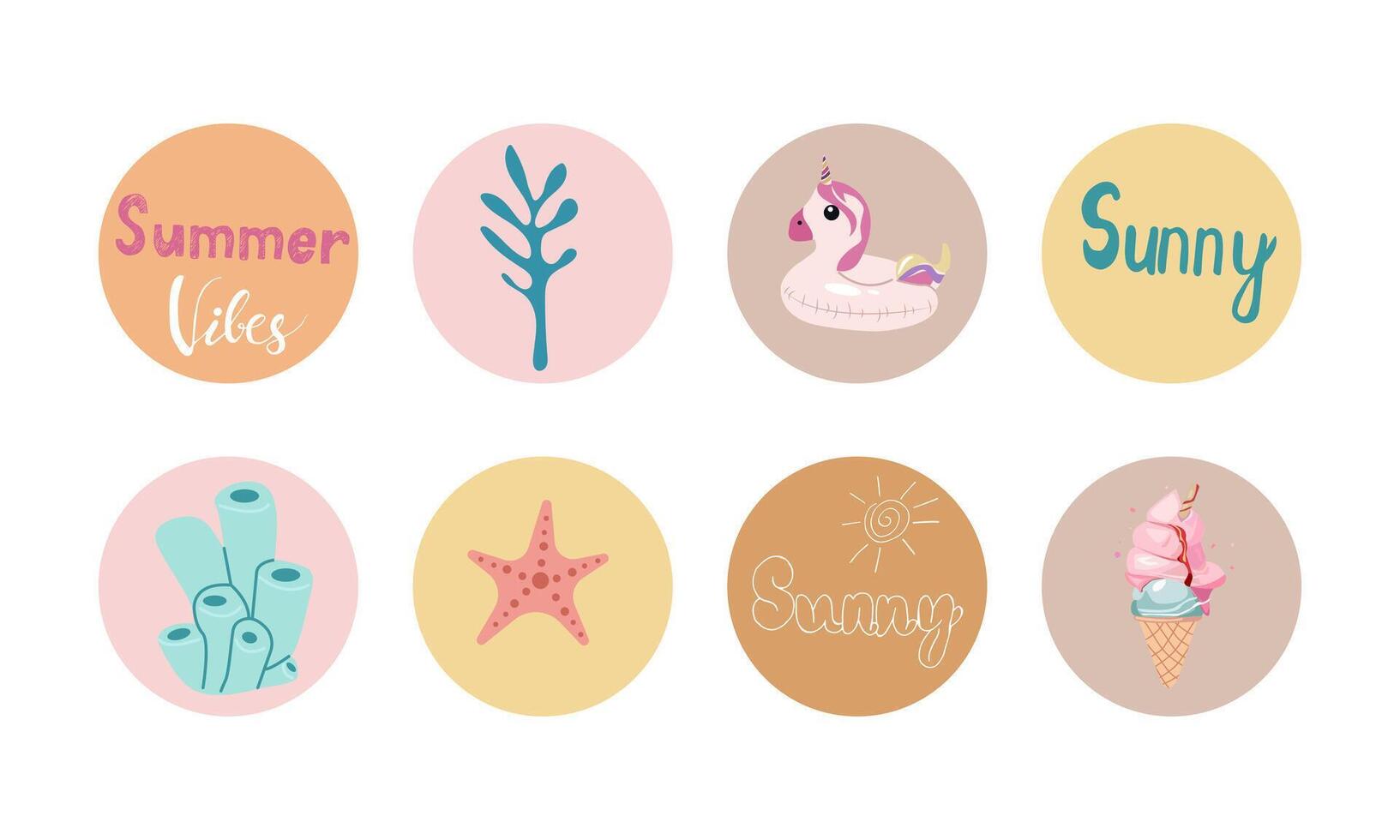 Cute summer coral , fish star , unicorn pool , ice cream and lettering icons in color circles for stickers and icons for planner , banner designs vector