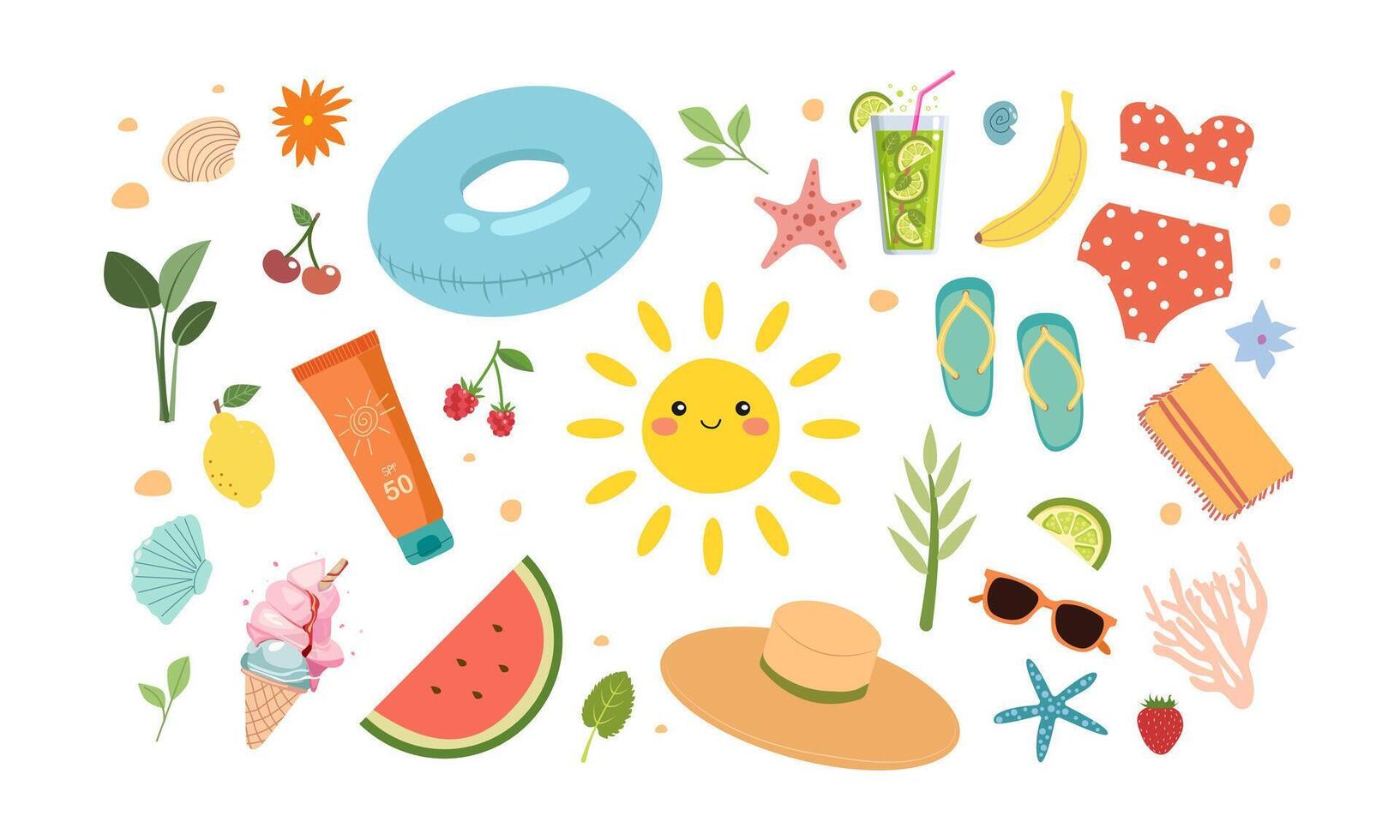 A set of summer illustrations, icons and decorations. This is a simple flat design in doodle style. There are lemon, watermelon, ice cream, palm tree, ribbon frames and more. vector