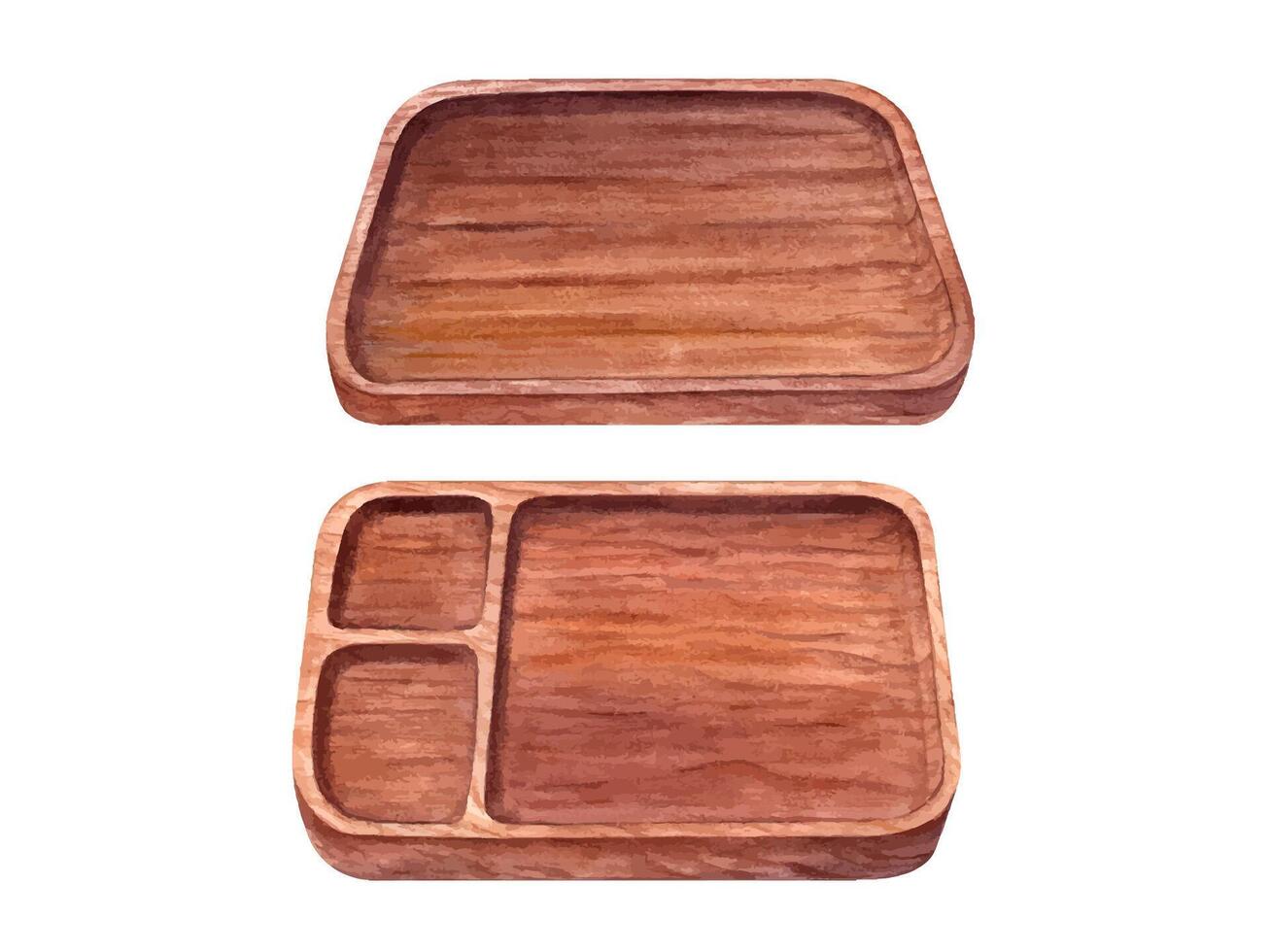 High quality wooden trays featuring one solid tray and one with compartments. Natural brown tray add rustic touch to any space, combining beauty with functionality. Watercolor illustration for serving vector