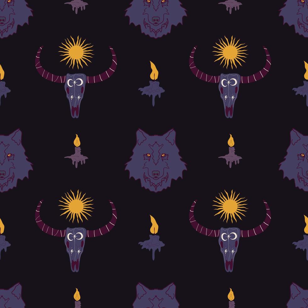 Mystical pattern with a decorated buffalo skull, wolf and candle. Seamless pattern in boho western style. vector