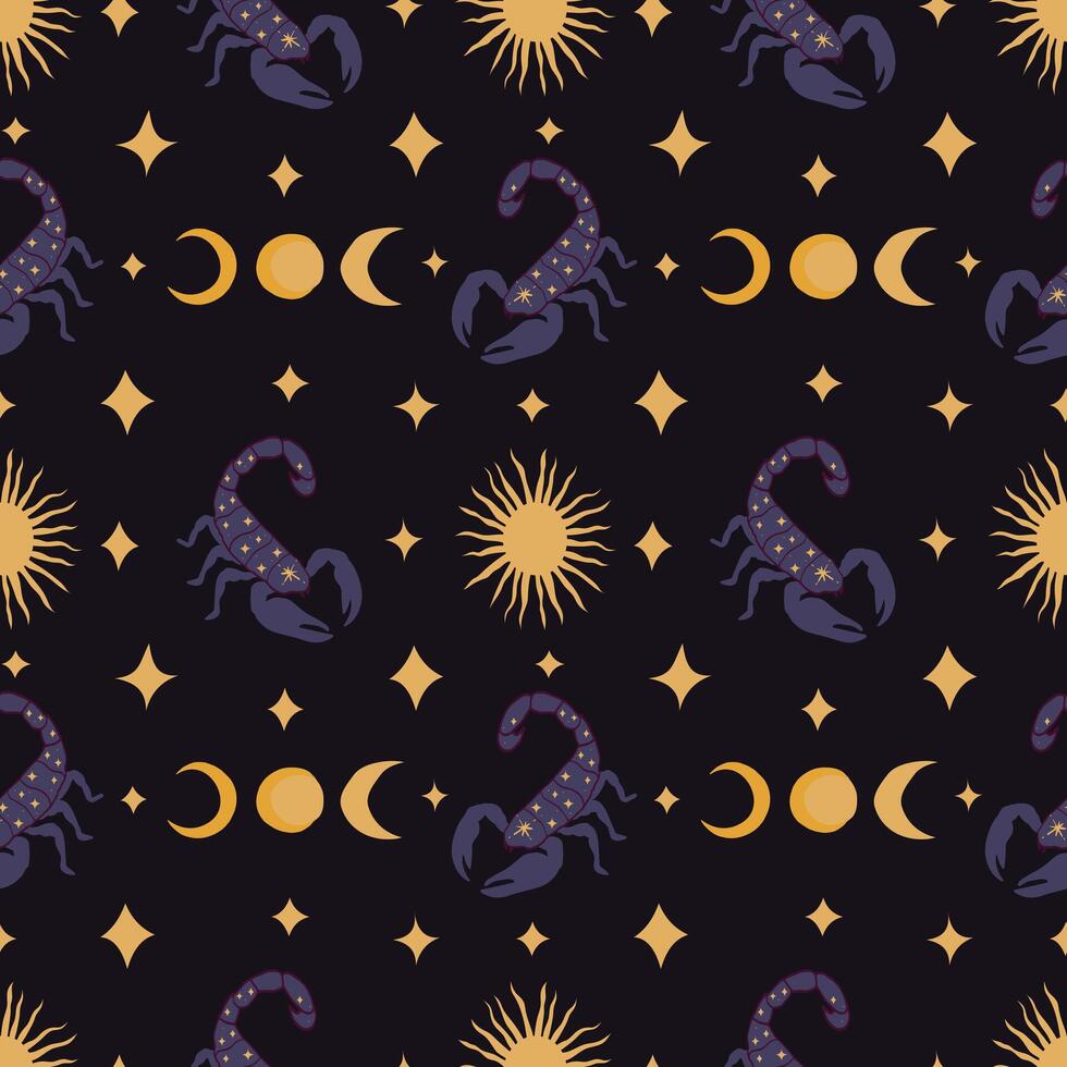 Seamless pattern with scorpio and stars on a dark background. Endless pattern with hand-drawn astrological elements. vector