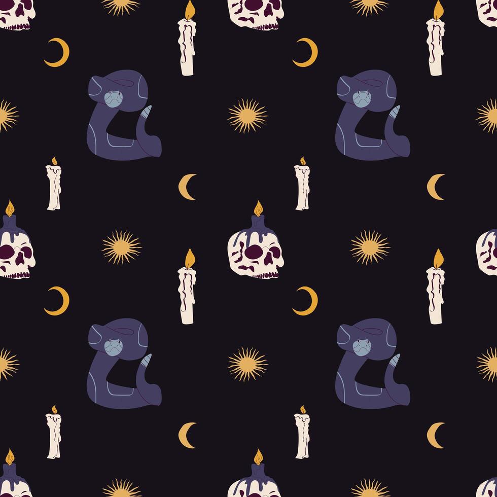 Mystical ornament in wild west style. Seamless pattern with hand drawn snake, skull, candles and stars vector