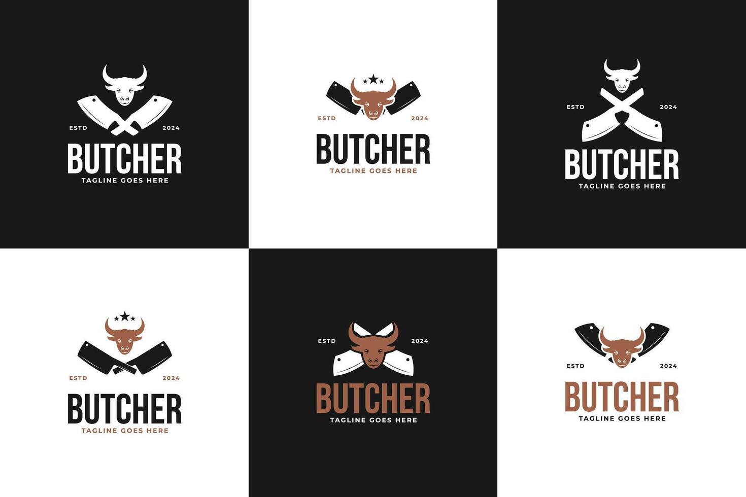 Set collection cleaver and cow head logo design for butcher illustration template idea vector