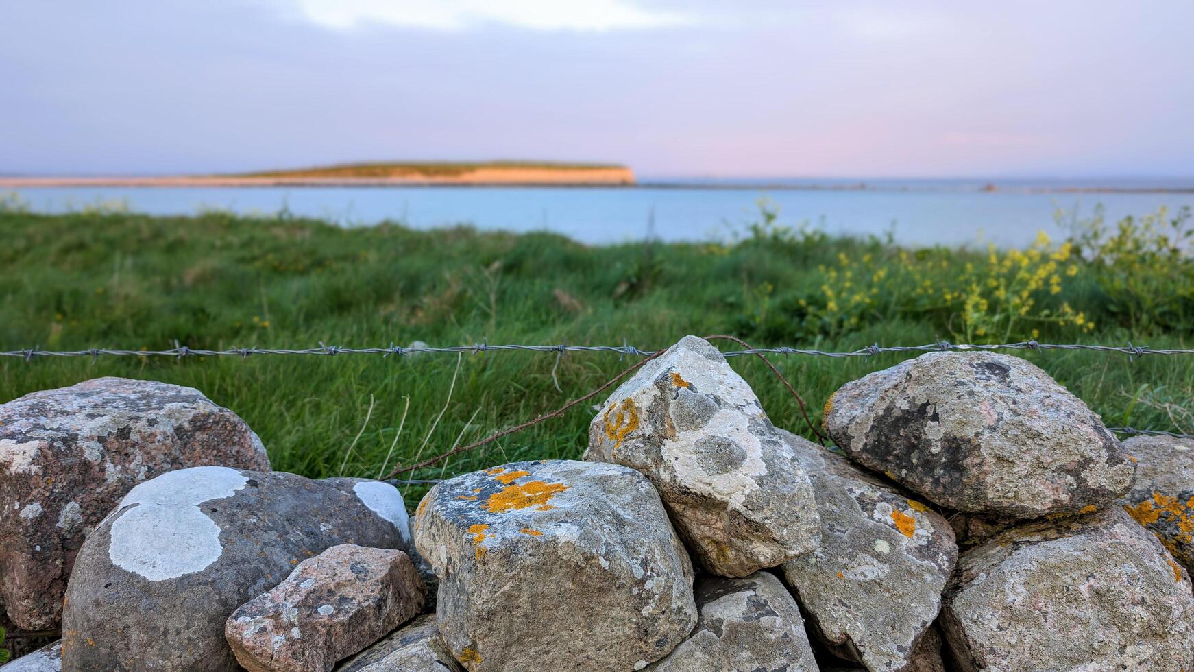 Costal landscape, focus on rocks in foreground, blurred background, sunset beach scenery, nature photo