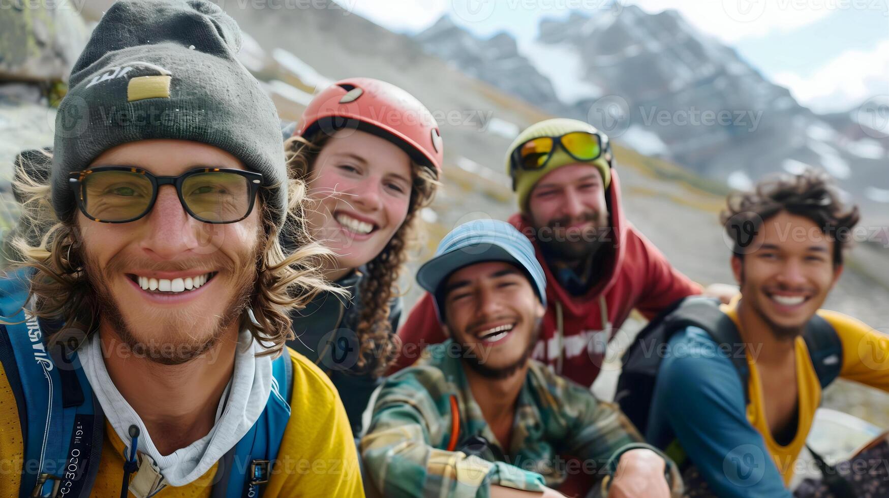 Group of happy people hikers smiling in mountains, adventure and lifestyle concept, diversity, background photo