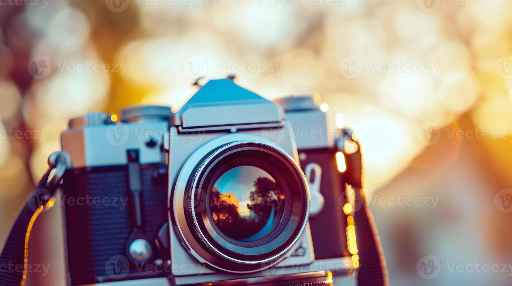 Closeup shot of vintage dslr camera, retro technology background, travel gear, copy space area photo
